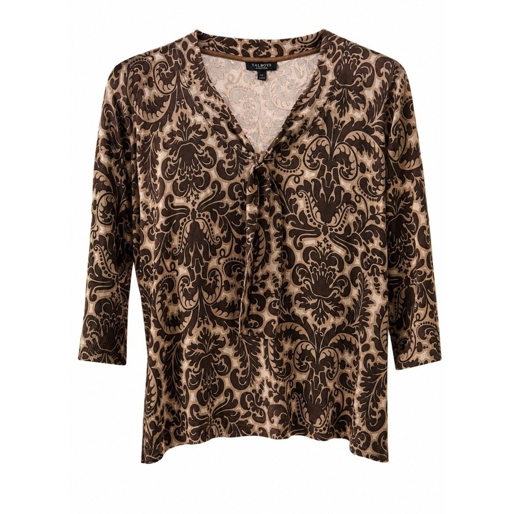 Talbots 2XP Damask  Pattern Tie Paisley Silk Cotton Sweater  Brown 3/4 Sleeves
